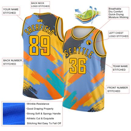 Custom Basketball Jersey with 3D Pattern Design, Light Blue Gold-Black Abstract Brush Stroke, Personalized Name & Number