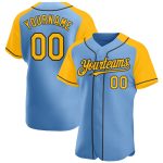 Custom Name and Number Light Blue Gold-Black Baseball Jersey with Raglan Sleeves - Personalized Team Apparel Personalized