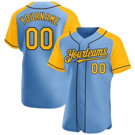 Custom Name and Number Light Blue Gold-Black Baseball Jersey with Raglan Sleeves - Personalized Team Apparel Personalized