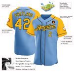Custom Name and Number Light Blue Gold-Black Baseball Jersey with Raglan Sleeves - Personalized Team Apparel Personalized
