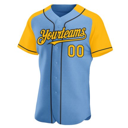 Custom Name and Number Light Blue Gold-Black Baseball Jersey with Raglan Sleeves - Personalized Team Apparel Personalized