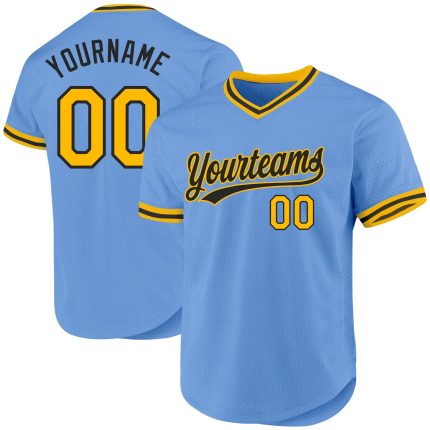 Custom Light Blue Gold-Black Authentic Baseball Jersey with Personalized Name and Number - Throwback Team Style Personalized