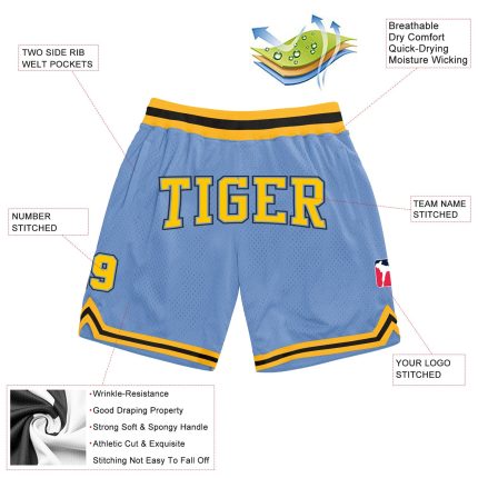 Custom Team Name Number Light Blue Gold Black Throwback Basketball Shorts Authentic Personalized Light Blue Gold-Black Authentic