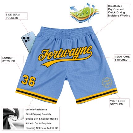 Personalized Light Blue Gold Black Basketball Shorts - Authentic Throwback Style Personalized Light Blue Gold-Black Authentic