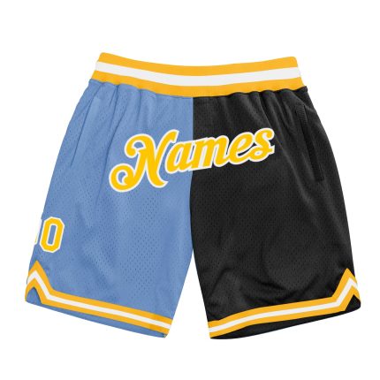 Custom Team Basketball Shorts with Personalized Name & Number - Light Blue Gold-Black Authentic Throwback Split Design Personalized
