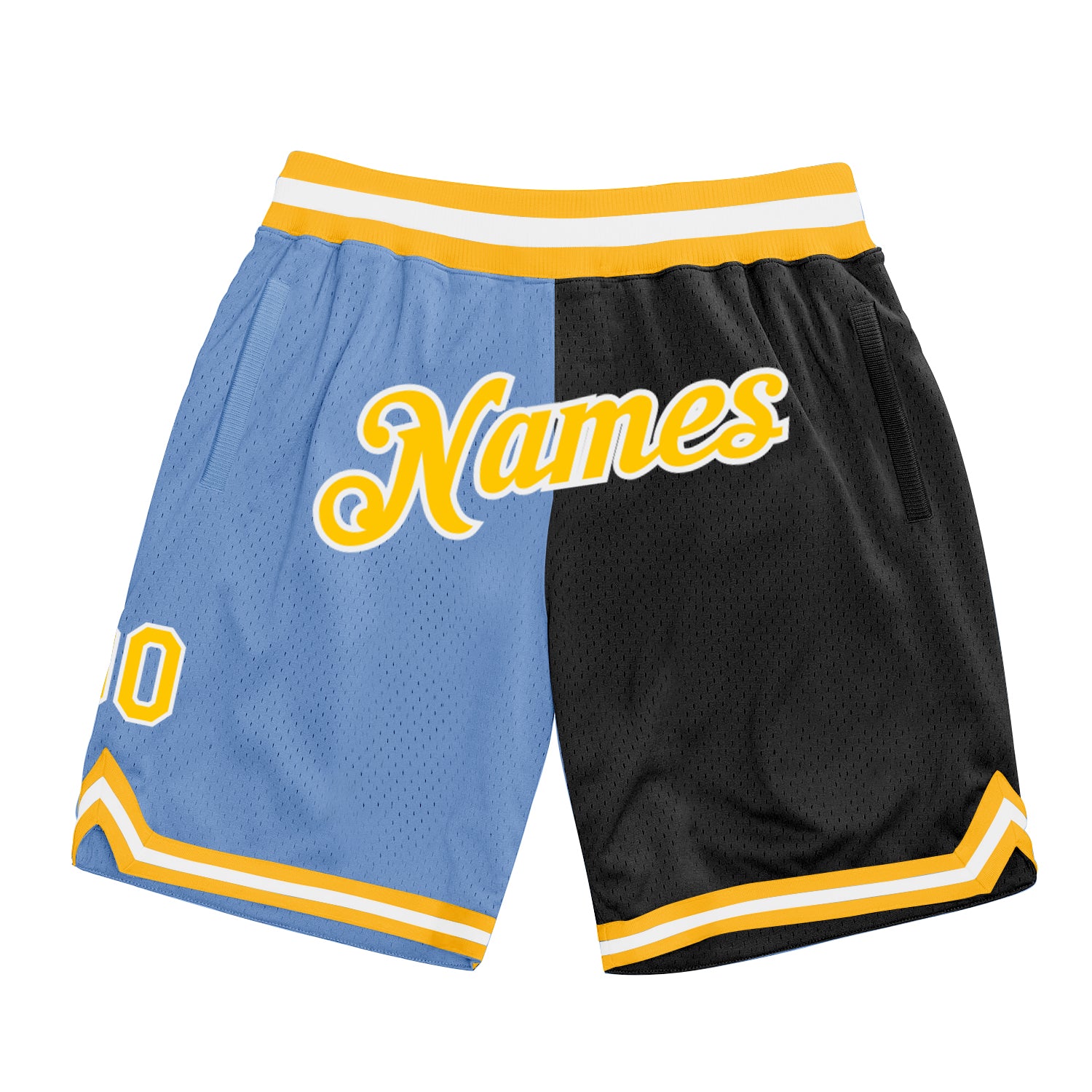 Custom Team Basketball Shorts with Personalized Name & Number - Light Blue Gold-Black Authentic Throwback Split Design Personalized