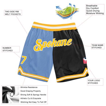 Custom Team Basketball Shorts with Personalized Name & Number - Light Blue Gold-Black Authentic Throwback Split Design Personalized