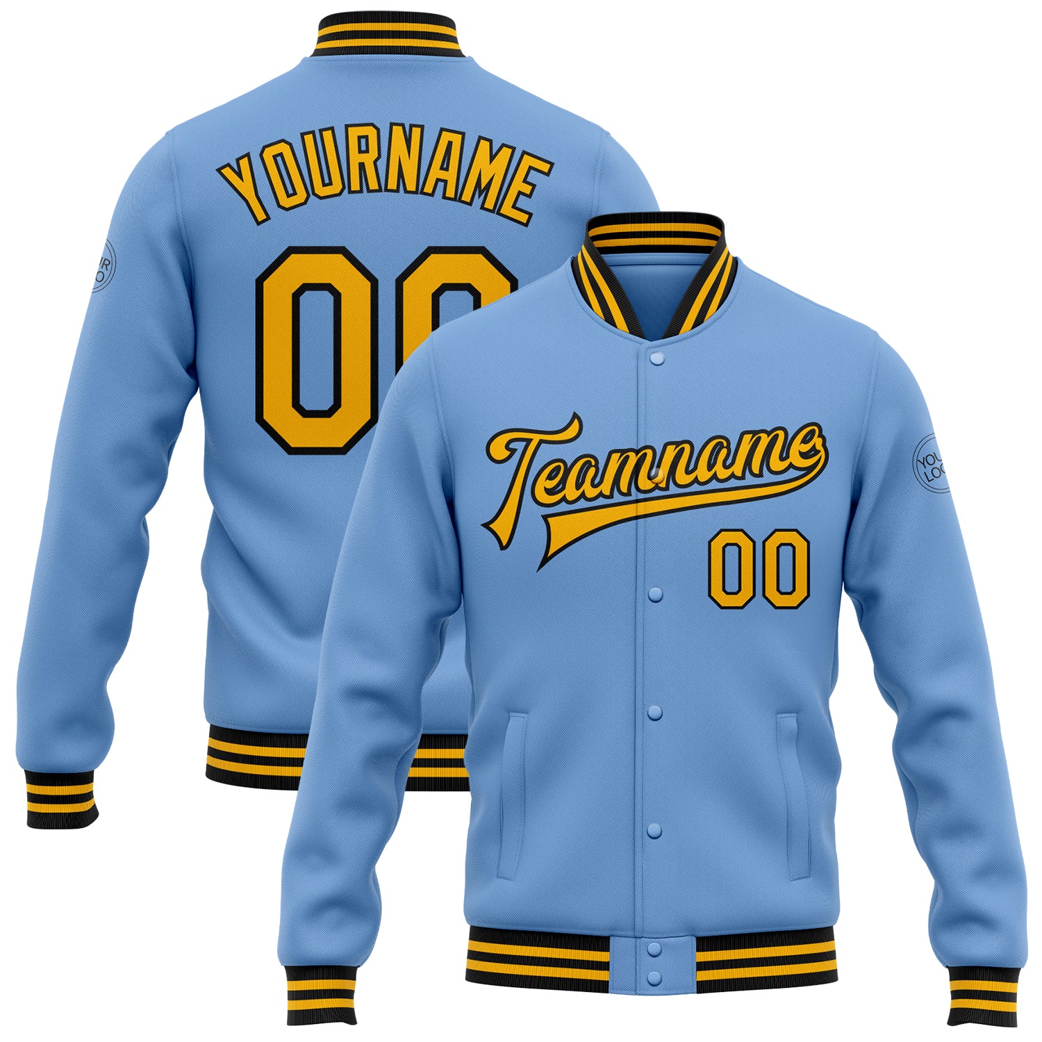 Personalized Light Blue Gold Black Varsity Letterman Jacket Bomber Full-Snap Personalized Light Blue Gold-Black Bomber Full-Snap
