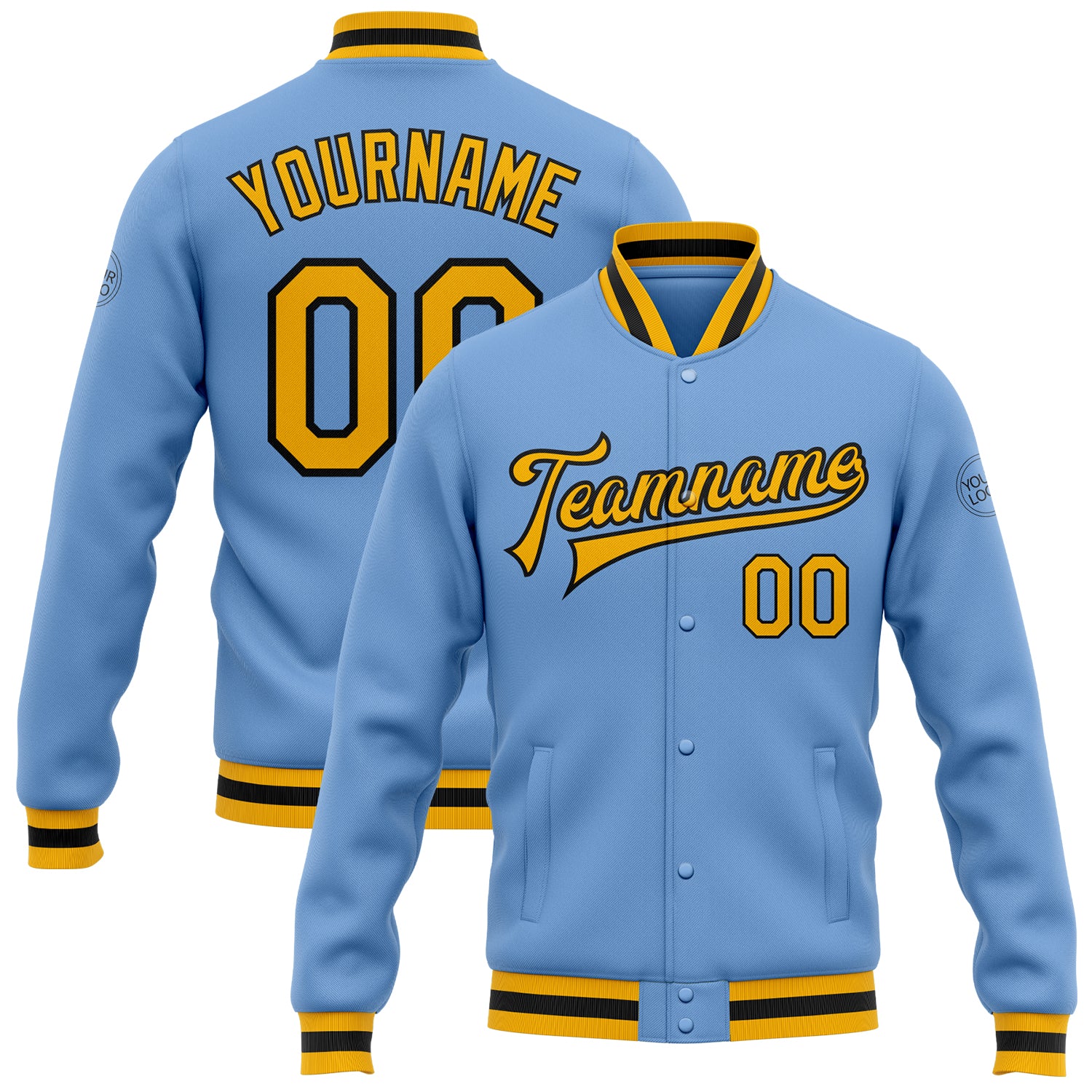 Custom Team Name Number Light Blue Gold-Black Varsity Bomber Full-Snap Jacket - Personalized Letterman Jacket Personalized
