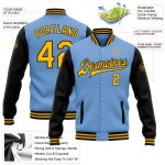 Light Blue Gold Black Two Tone Personalized Varsity Letterman Bomber Jacket Full-Snap Personalized Light Blue Gold-Black