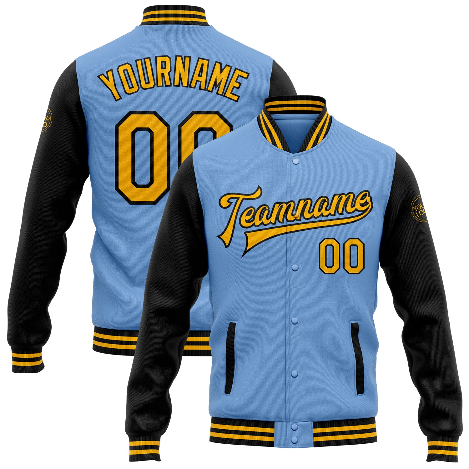 Light Blue Gold Black Two Tone Personalized Varsity Letterman Bomber Jacket Full-Snap Personalized Light Blue Gold-Black