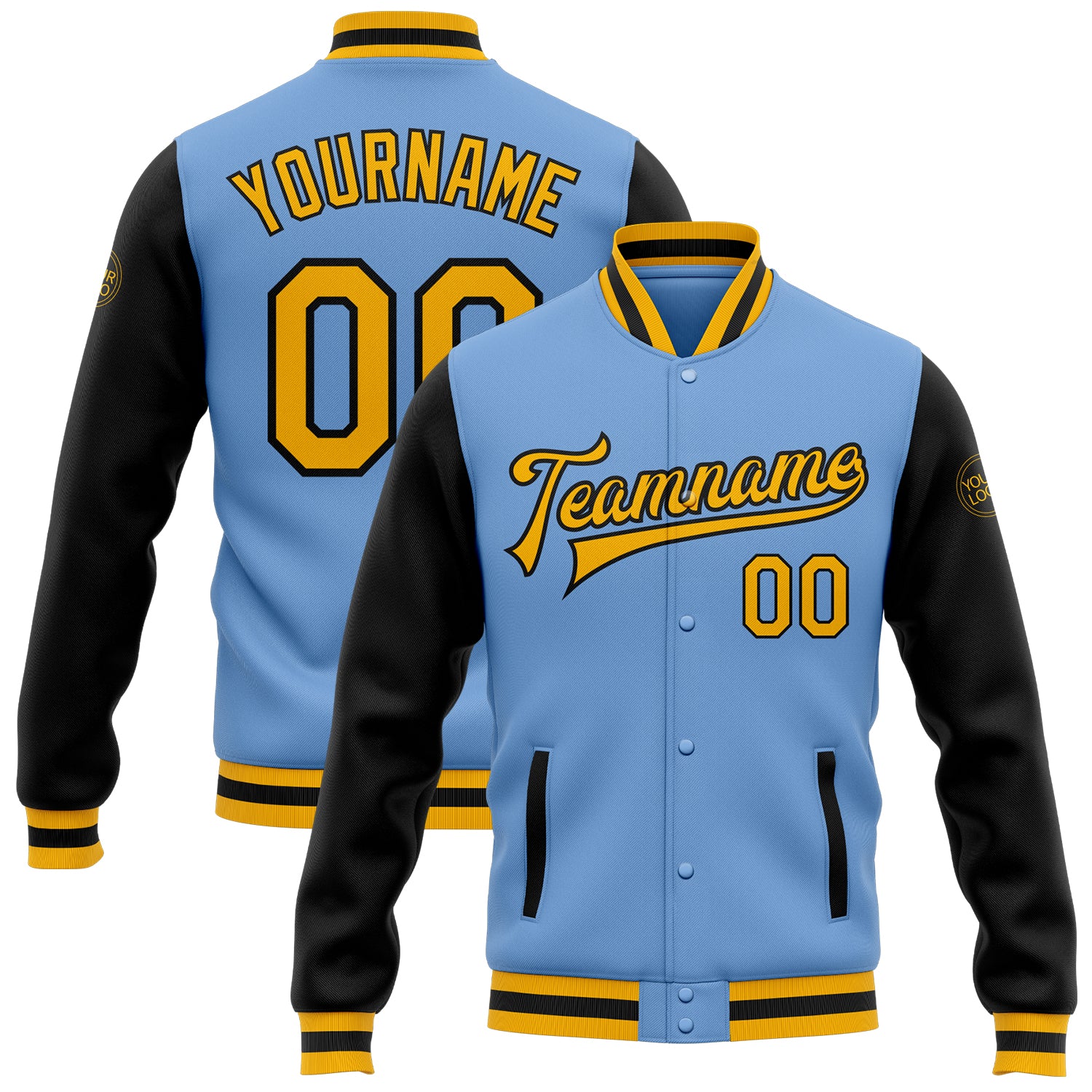 Custom Light Blue and Gold-Black Bomber Varsity Jacket with Name and Number - Personalized Full-Snap Letterman Two Tone Design