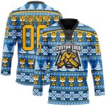Custom Name & Number Light Blue Gold-Black Christmas Tree Tiger 3D Hockey Lace Neck Jersey - Team Apparel 8897 Personalized