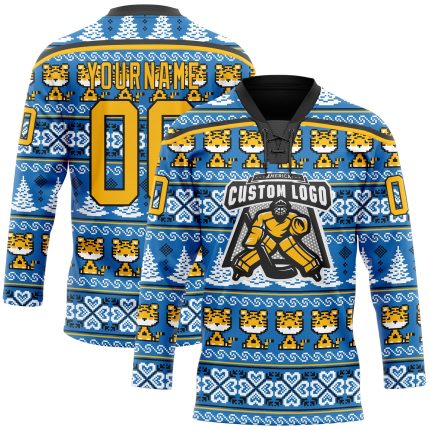 Custom Name & Number Light Blue Gold-Black Christmas Tree Tiger 3D Hockey Lace Neck Jersey - Team Apparel 8897 Personalized