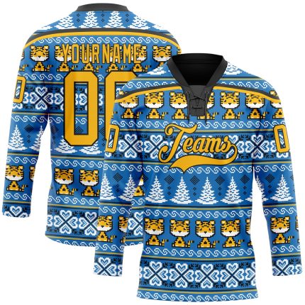 Custom Name & Number Light Blue Gold-Black Christmas Tree Tiger 3D Hockey Lace Neck Jersey - Team Apparel 8897 Personalized