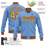 Custom Name and Number Varsity Letterman Jacket Light Blue Gold Crimson Bomber Full-Snap Personalized Light Blue Gold-Crimson