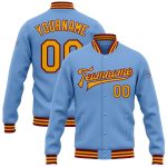 Custom Name and Number Varsity Letterman Jacket Light Blue Gold Crimson Bomber Full-Snap Personalized Light Blue Gold-Crimson