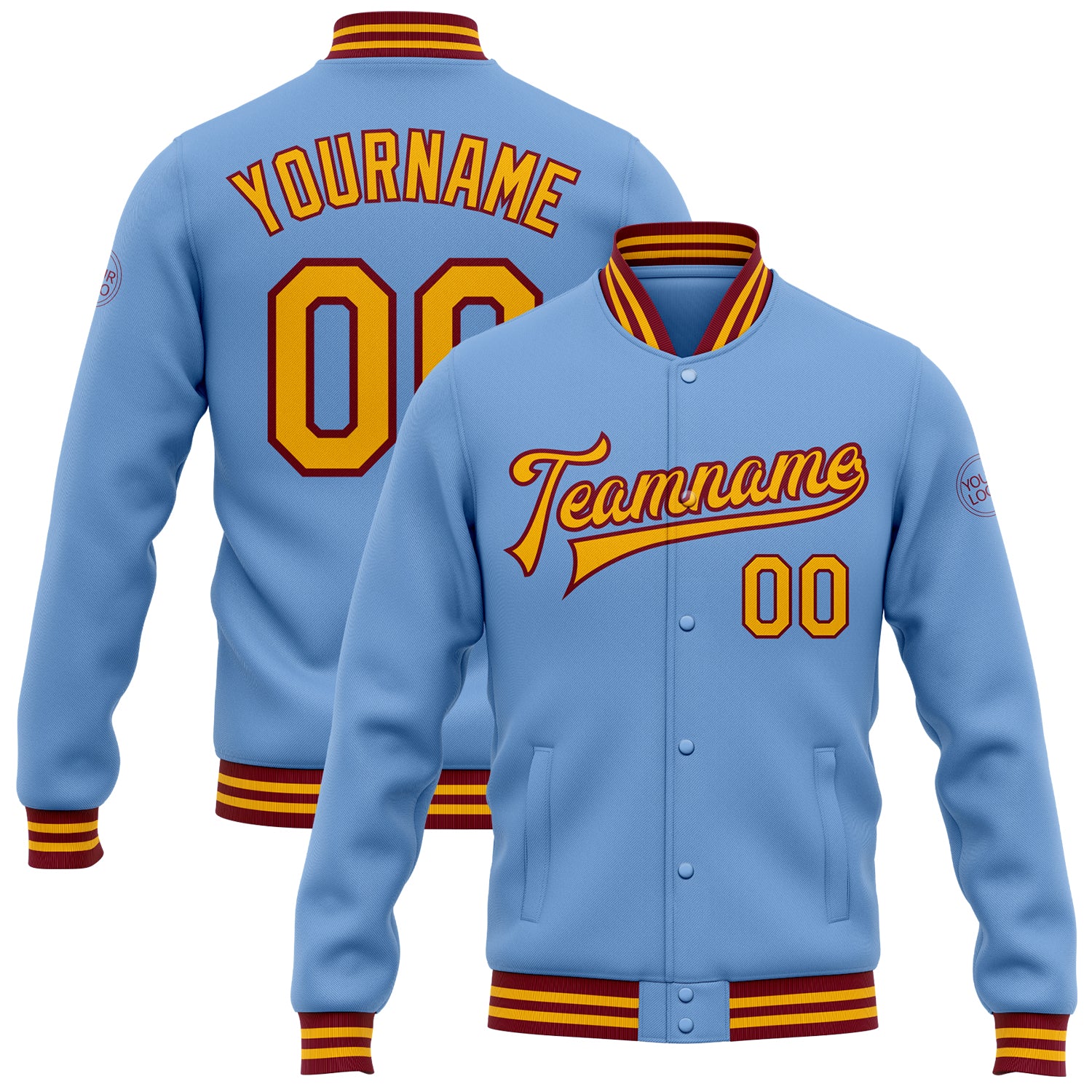Custom Name and Number Varsity Letterman Jacket Light Blue Gold Crimson Bomber Full-Snap Personalized Light Blue Gold-Crimson