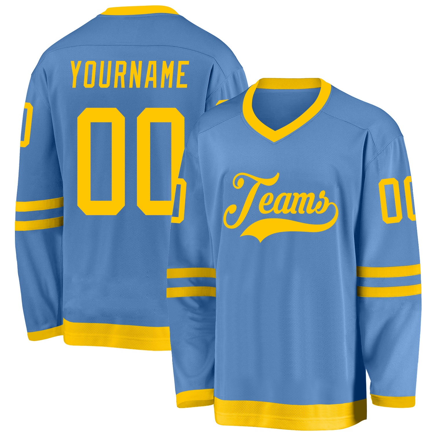 Custom Light Blue Gold Hockey Jersey with Personalized Name and Number Personalized Light Blue Gold Hockey Jersey Team Custom