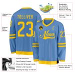 Custom Light Blue Gold Hockey Jersey with Personalized Name and Number Personalized Light Blue Gold Hockey Jersey Team Custom