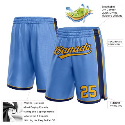 Custom Name and Number Light Blue Gold-Navy Basketball Shorts - Personalized Team Sports Apparel Personalized Light Blue