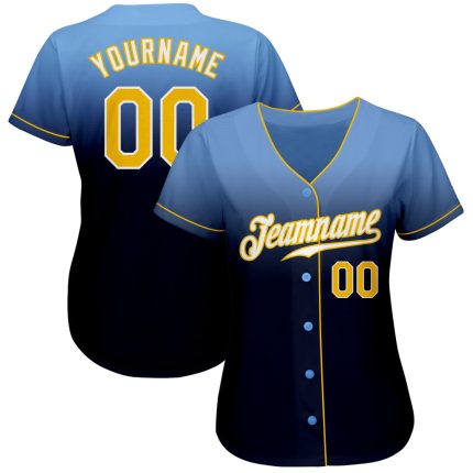 Custom Name and Number Light Blue Gold-Navy Authentic Fade Baseball Jersey - Personalized Team Fashion Jersey Personalized