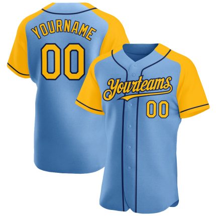 Custom Light Blue Gold-Navy Baseball Jersey with Personalized Name and Number - Authentic Raglan Sleeves Team Apparel Personalized