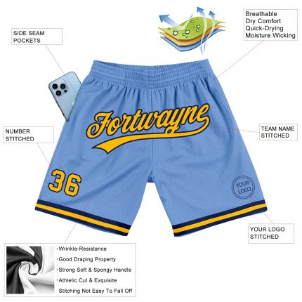 Custom Light Blue Gold-Navy Basketball Shorts with Name and Number - Personalized Authentic Throwback Team Gear Personalized