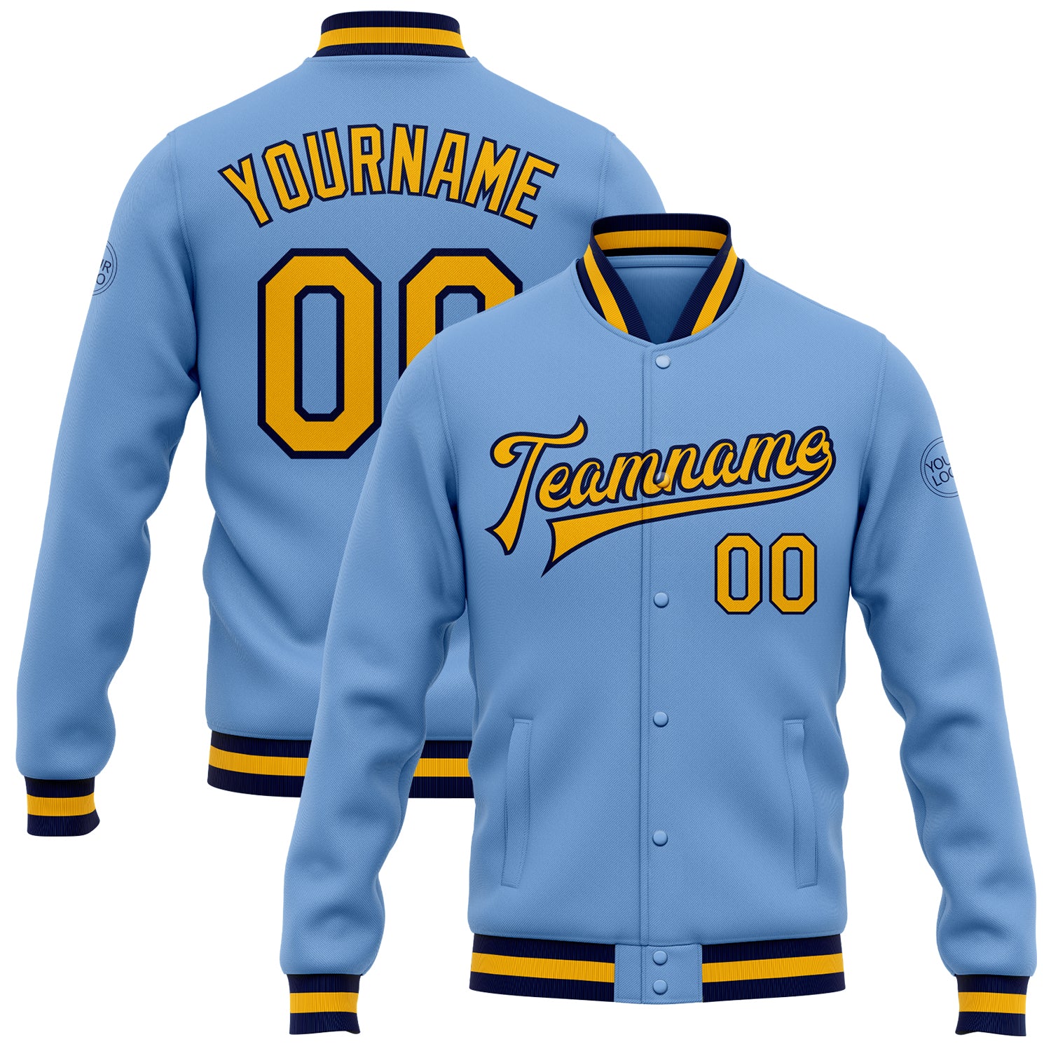 Custom Personalized Bomber Jacket with Light Blue Gold-Navy Varsity Colors, Full-Snap Design, Team Name & Number Personalized