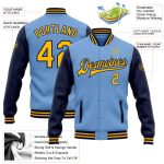 Custom Name Number Bomber Jacket Light Blue Gold Navy Two Tone Varsity Full-Snap Letterman Personalized Light Blue Gold-Navy