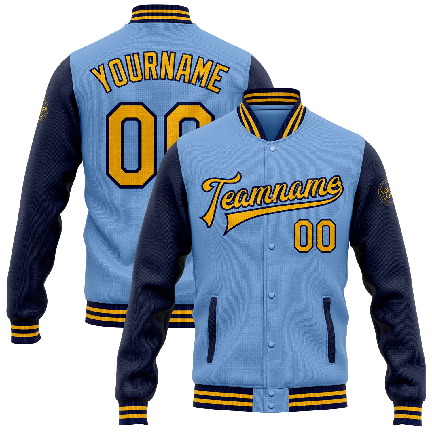 Custom Name Number Bomber Jacket Light Blue Gold Navy Two Tone Varsity Full-Snap Letterman Personalized Light Blue Gold-Navy