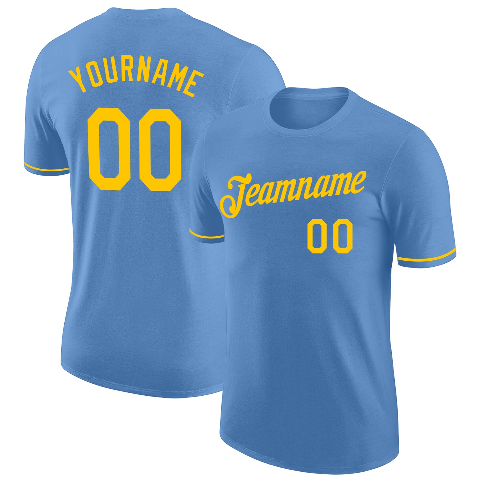 Custom Team Performance T-Shirt with Name & Number - Light Blue & Gold Personalized Light Blue Gold Performance T-Shirt Team