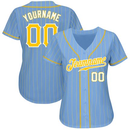 Light Blue Gold Pinstripe Custom Baseball Jersey with Personalized Name & Number - Authentic Team Apparel Personalized Light