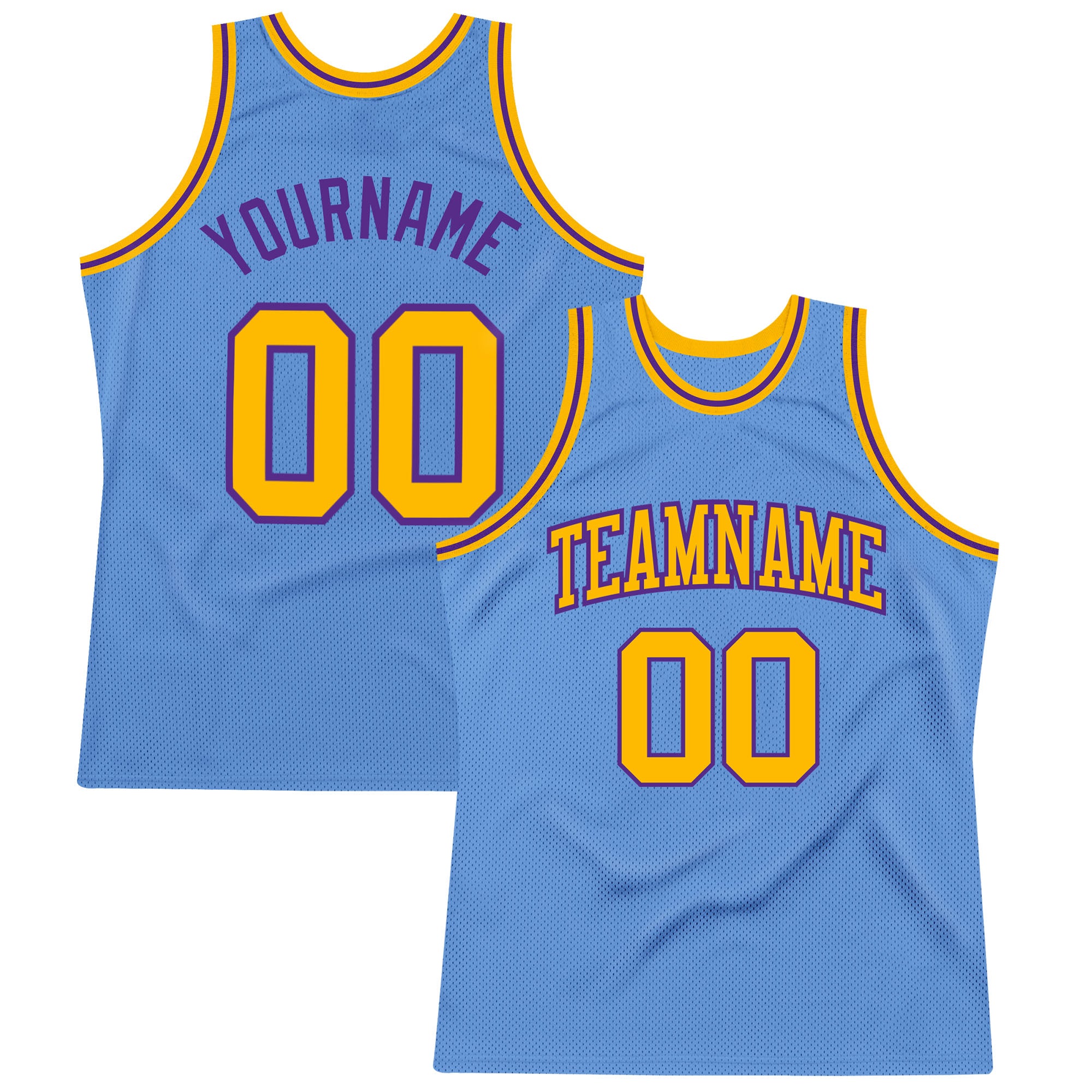 Custom Name and Number Authentic Throwback Basketball Jersey - Light Blue Gold-Purple Design Personalized Light Blue Gold-Purple