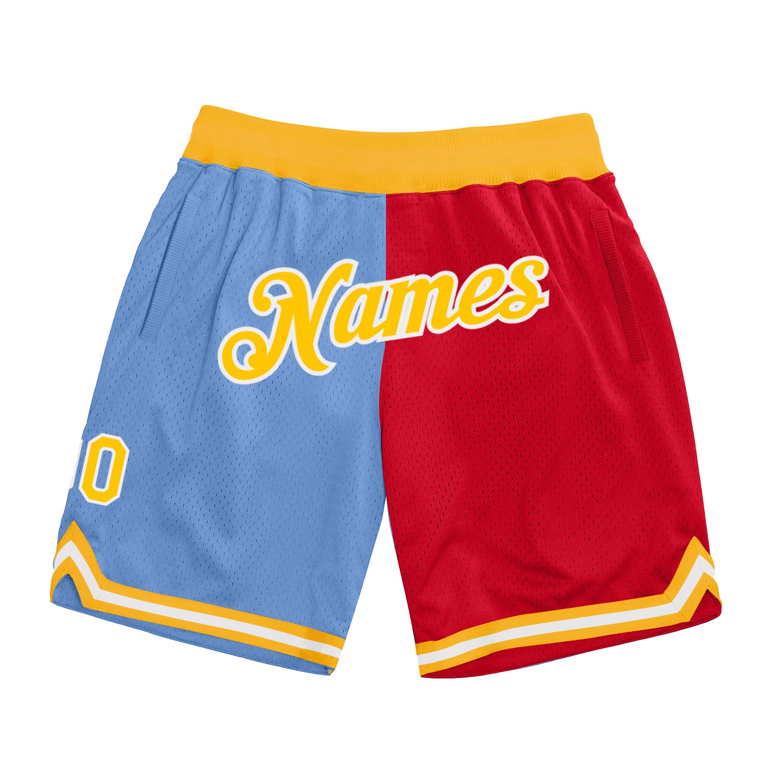 Custom Light Blue Basketball Shorts with Gold-Red Split Design - Personalized Team Name and Number, Authentic Throwback Fashion