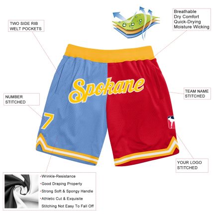 Custom Light Blue Basketball Shorts with Gold-Red Split Design - Personalized Team Name and Number, Authentic Throwback Fashion