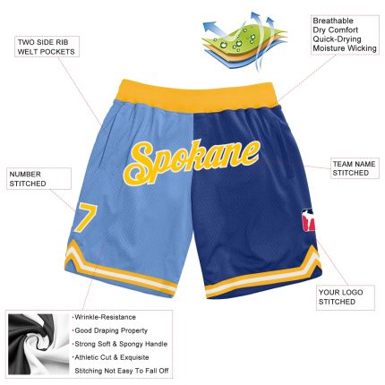 Custom Light Blue Gold-Royal Basketball Shorts with Name and Number - Personalized Throwback Split Fashion Style Personalized