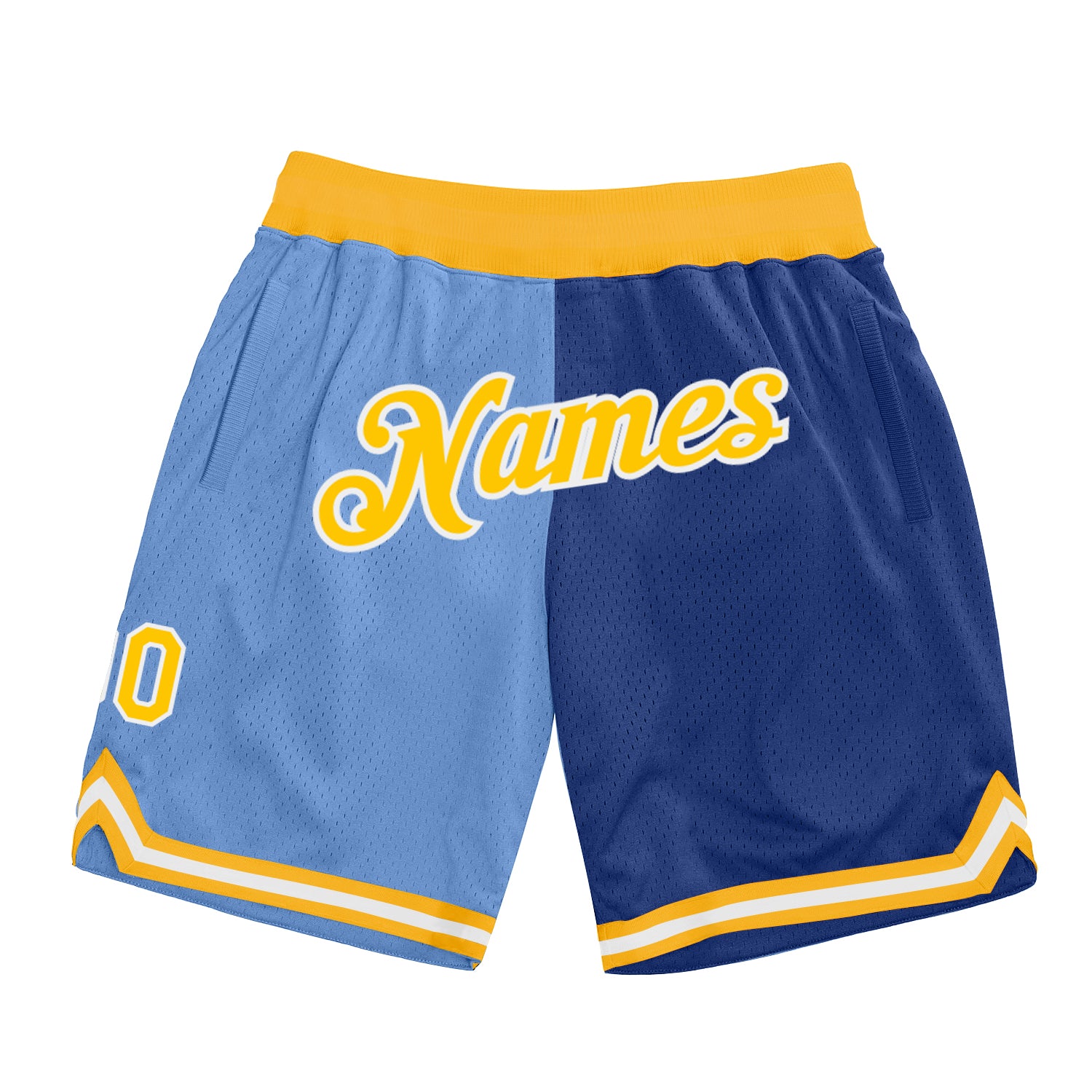 Custom Light Blue Gold-Royal Basketball Shorts with Name and Number - Personalized Throwback Split Fashion Style Personalized