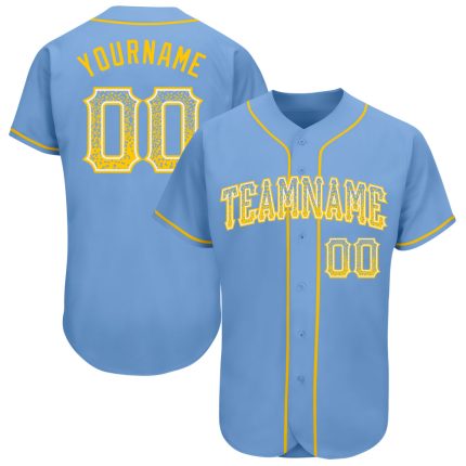 Custom Name and Number Gold-White Light Blue Authentic Drift Baseball Jersey - Personalized Team Apparel Personalized Light