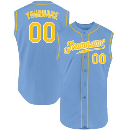 Custom Name and Number Light Blue Gold-White Sleeveless Baseball Jersey - Personalized Team Apparel Personalized Light Blue