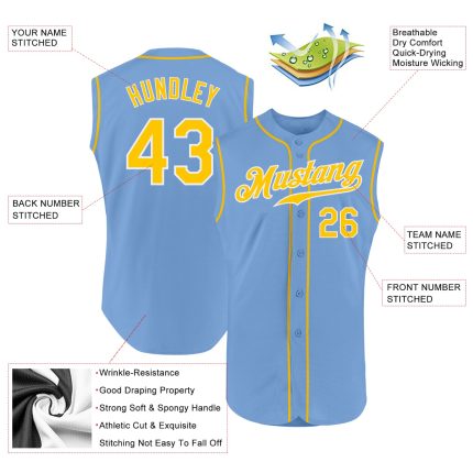 Custom Name and Number Light Blue Gold-White Sleeveless Baseball Jersey - Personalized Team Apparel Personalized Light Blue