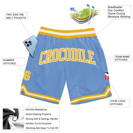 Personalized Light Blue Gold White Basketball Shorts - Authentic Throwback Design Personalized Light Blue Gold-White Authentic