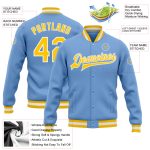 Custom Name and Number Light Blue Gold White Varsity Bomber Jacket - Full-Snap Letterman Style Personalized Light Blue Gold-White