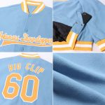 Custom Name and Number Light Blue Gold White Varsity Bomber Jacket - Full-Snap Letterman Style Personalized Light Blue Gold-White