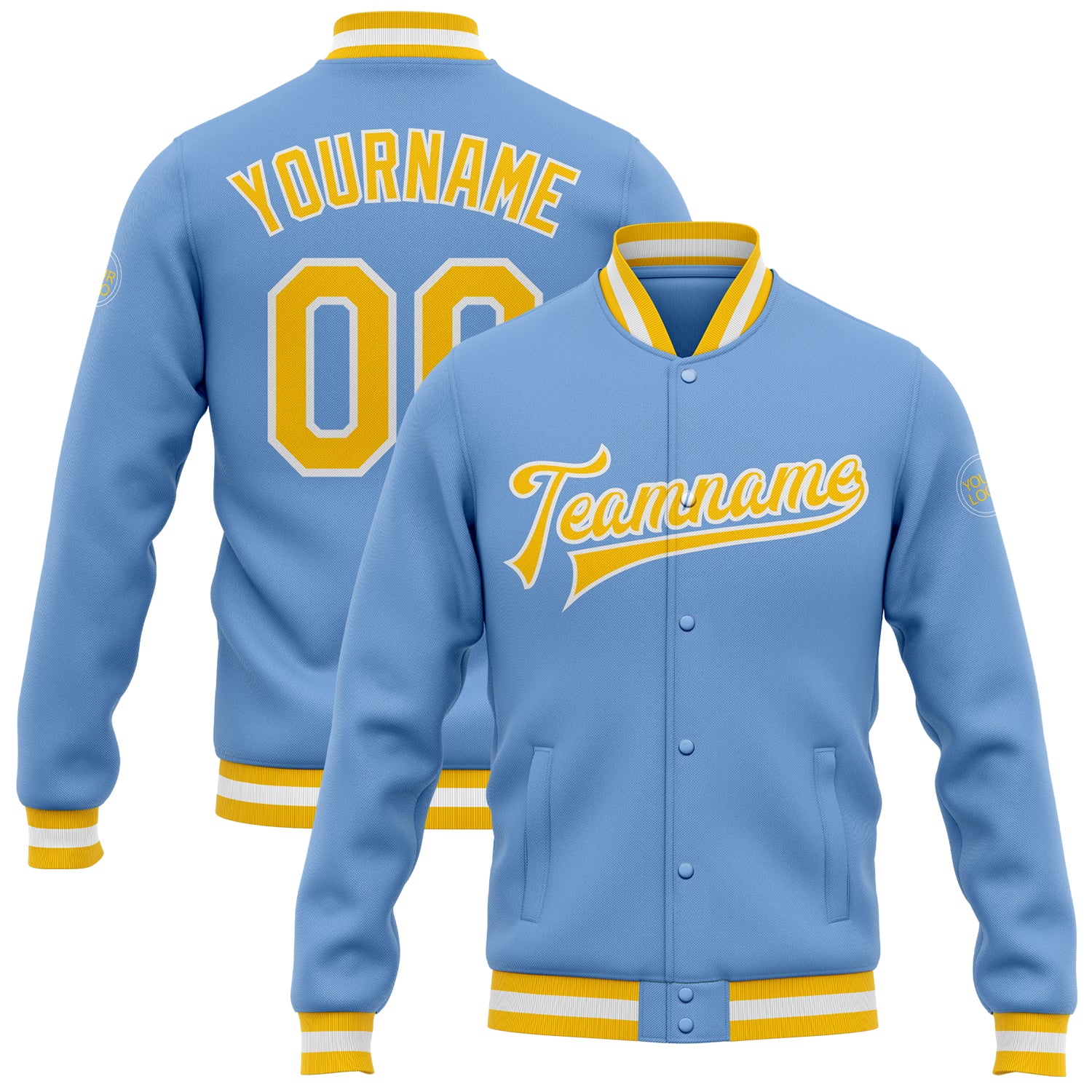 Custom Name and Number Light Blue Gold White Varsity Bomber Jacket - Full-Snap Letterman Style Personalized Light Blue Gold-White