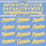 Custom Team Name Number Bomber Jacket Light Blue Gold White Full-Snap Varsity Letterman Fashion Jacket Personalized Light