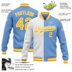Custom Team Name Number Bomber Jacket Light Blue Gold White Full-Snap Varsity Letterman Fashion Jacket Personalized Light