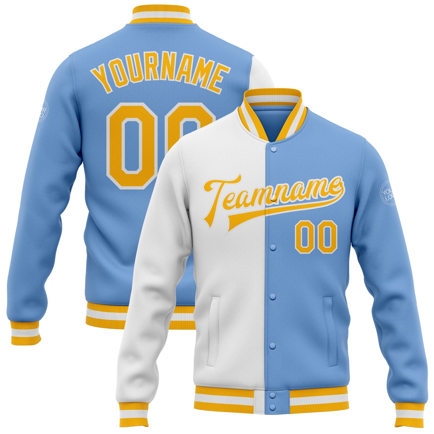 Custom Team Name Number Bomber Jacket Light Blue Gold White Full-Snap Varsity Letterman Fashion Jacket Personalized Light