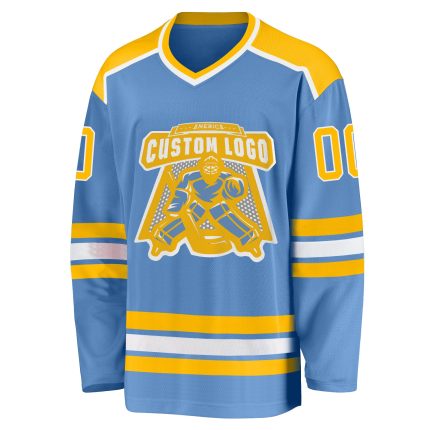 Personalized Light Blue Hockey Jersey with Gold and White Design Personalized Light Blue Gold-White Hockey Jersey