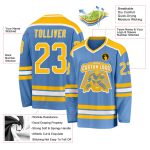 Personalized Light Blue Hockey Jersey with Gold and White Design Personalized Light Blue Gold-White Hockey Jersey